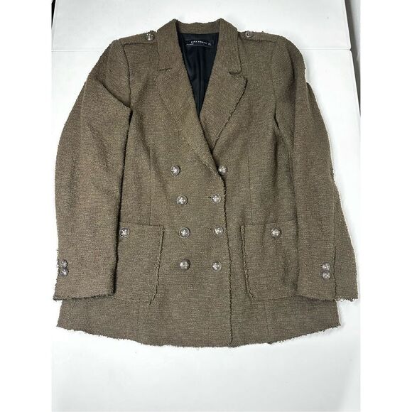 Zara Khaki Green Boucle Tweed Blazer Jacket Military Double Breasted  Size L - Picture 3 of 16